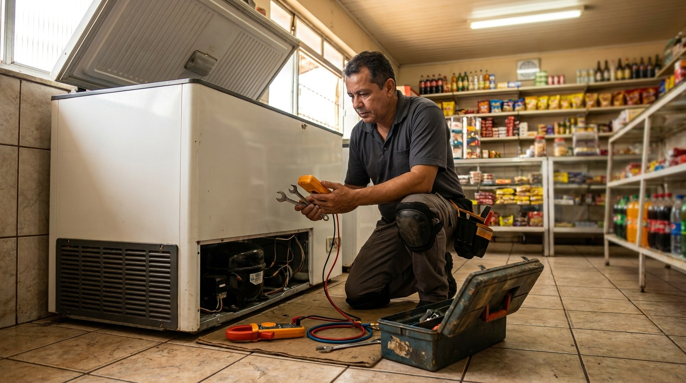 Profissional executando manutenção no motor de freezer em Joinville‑SC
