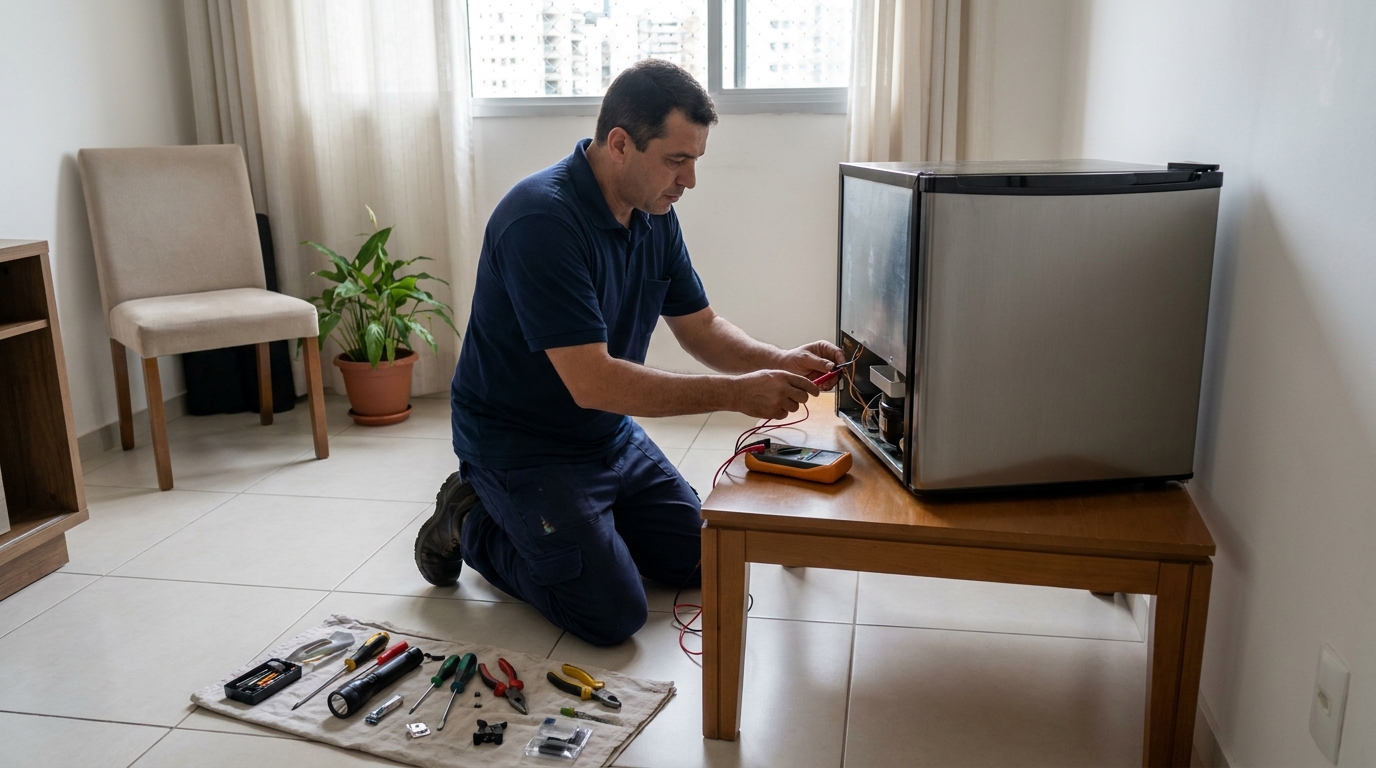Técnico fazendo manutenção do motor de frigobar em Joinville‑SC