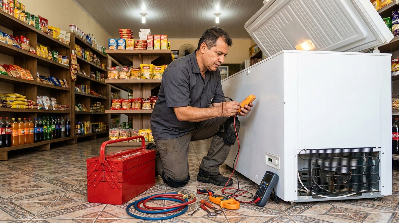 Recarga de gás refrigerante no freezer durante atendimento em Joinville‑SC